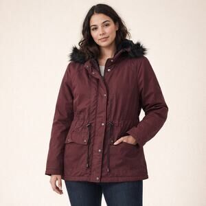 New Look Utility jacket Faux Fur Hood Large Zip Snap Pockets Drawstring